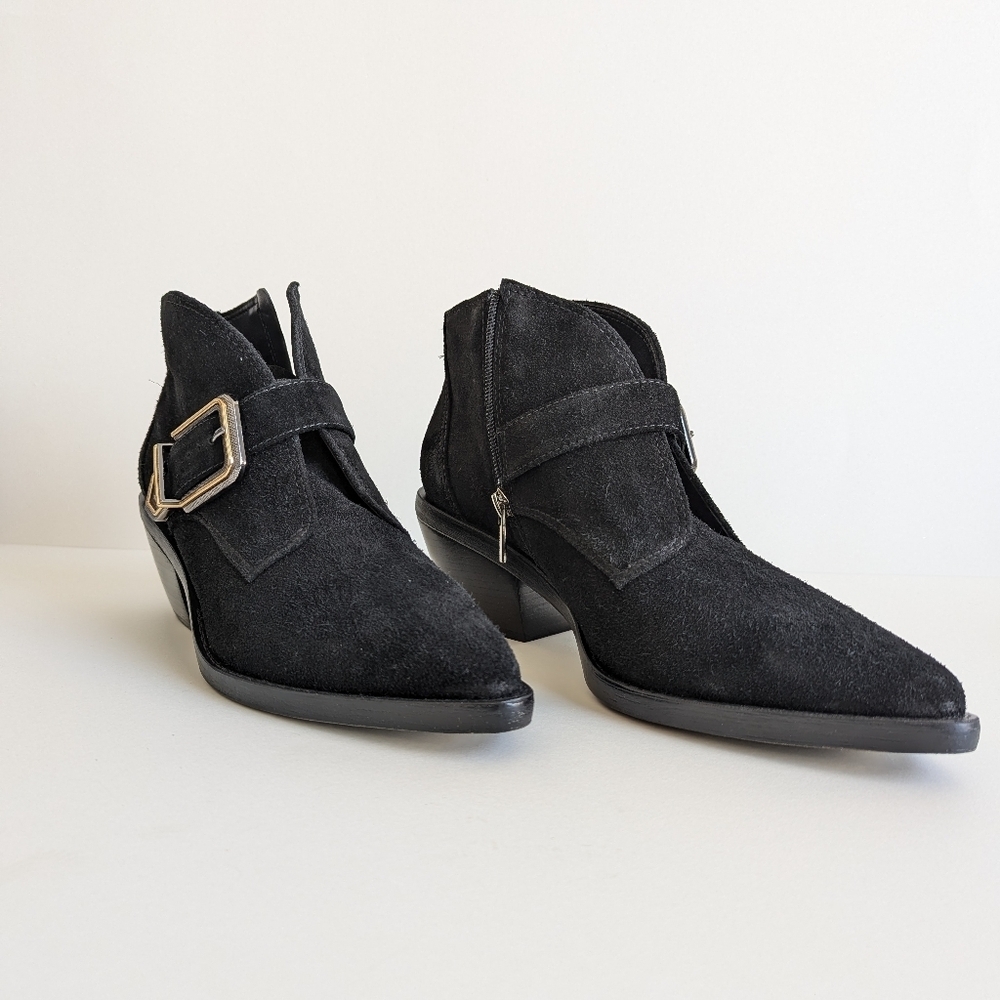 Vince Camuto Suede Ashena Ankle Boot Black Suede Mixed Metal Buckle - sz 10